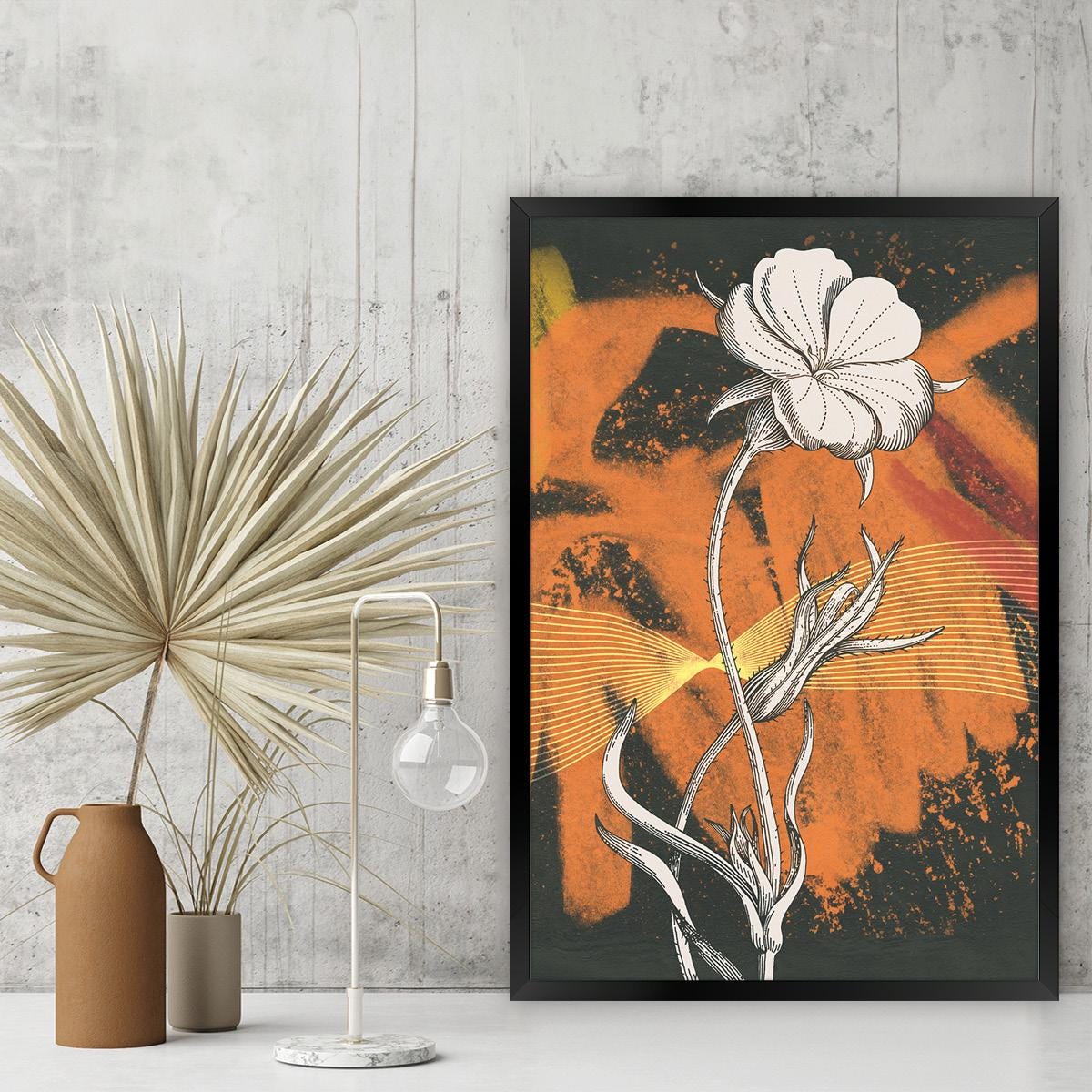 Colorful Floral Illustration Art, Vibrant Black & Orange Canvas Print, Bold Abstract Flower Wall Decor, Framed Options Available