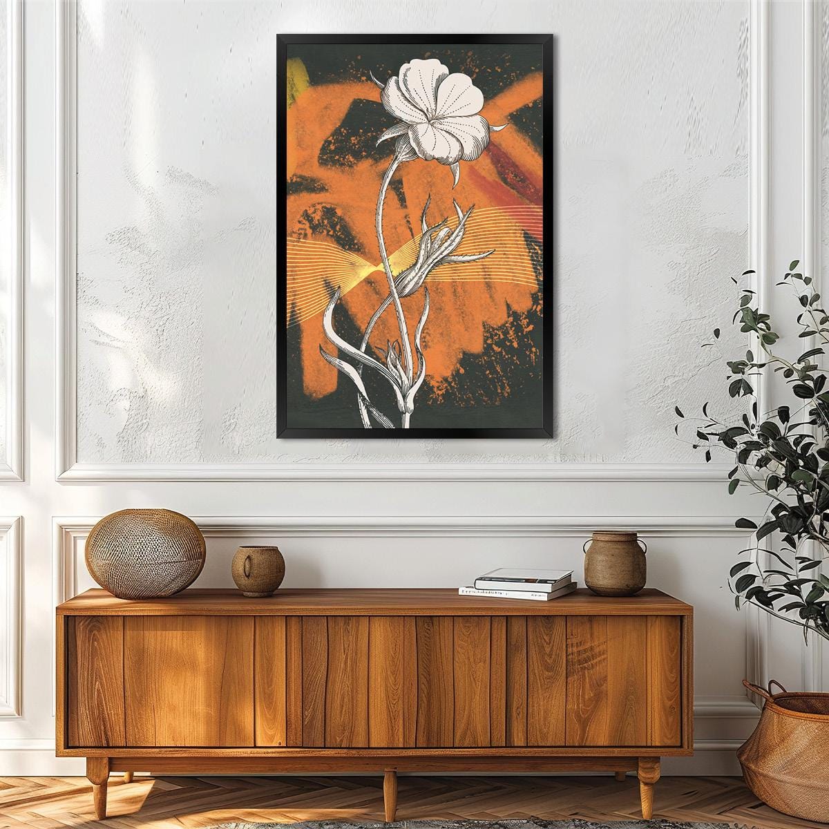 Colorful Floral Illustration Art, Vibrant Black & Orange Canvas Print, Bold Abstract Flower Wall Decor, Framed Options Available