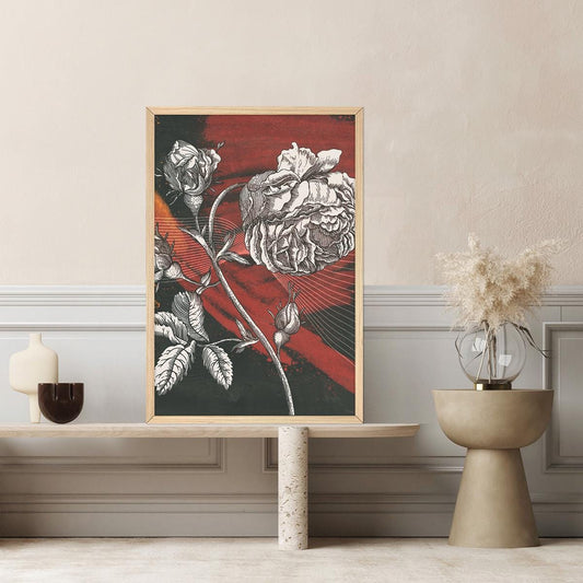 Floral Art Canvas Print, Colorful Black & Red Flower Illustration, Modern Botanical Wall Art, Vibrant Home Decor, Framed Options Available