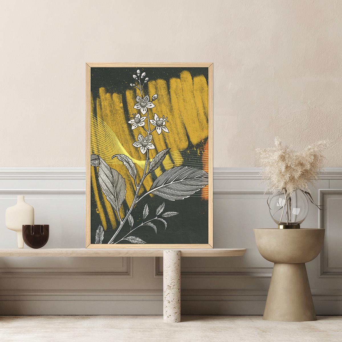 Colorful Black & Yellow Flower Illustration,Floral Art Canvas Print, Modern Botanical Wall Art, Vibrant Home Decor, Framed Options Available