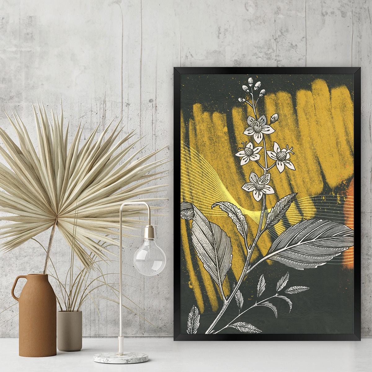 Colorful Black & Yellow Flower Illustration,Floral Art Canvas Print, Modern Botanical Wall Art, Vibrant Home Decor, Framed Options Available