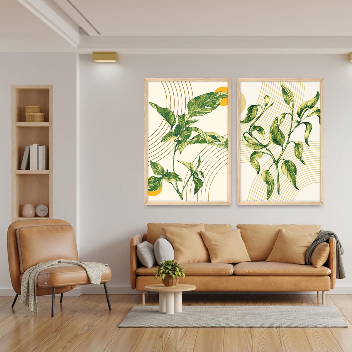 Boho Botanical Illustration Geometric Wall Art, Leaf & Arc Wood Framed Canvas Print Pair