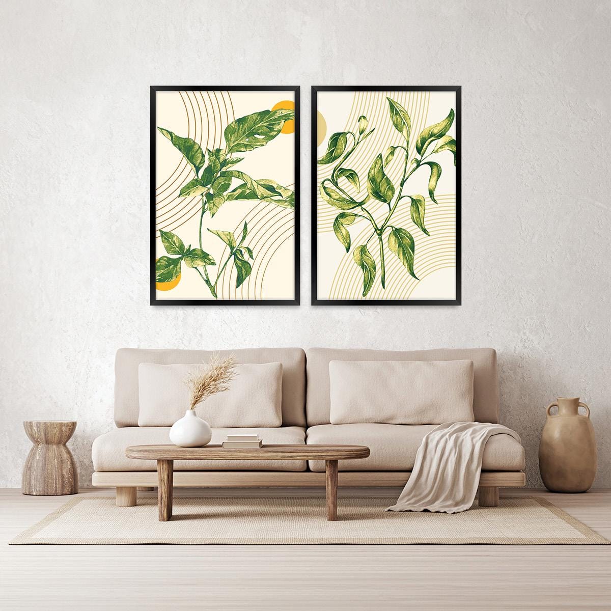 Boho Botanical Illustration Geometric Wall Art, Leaf & Arc Wood Framed Canvas Print Pair
