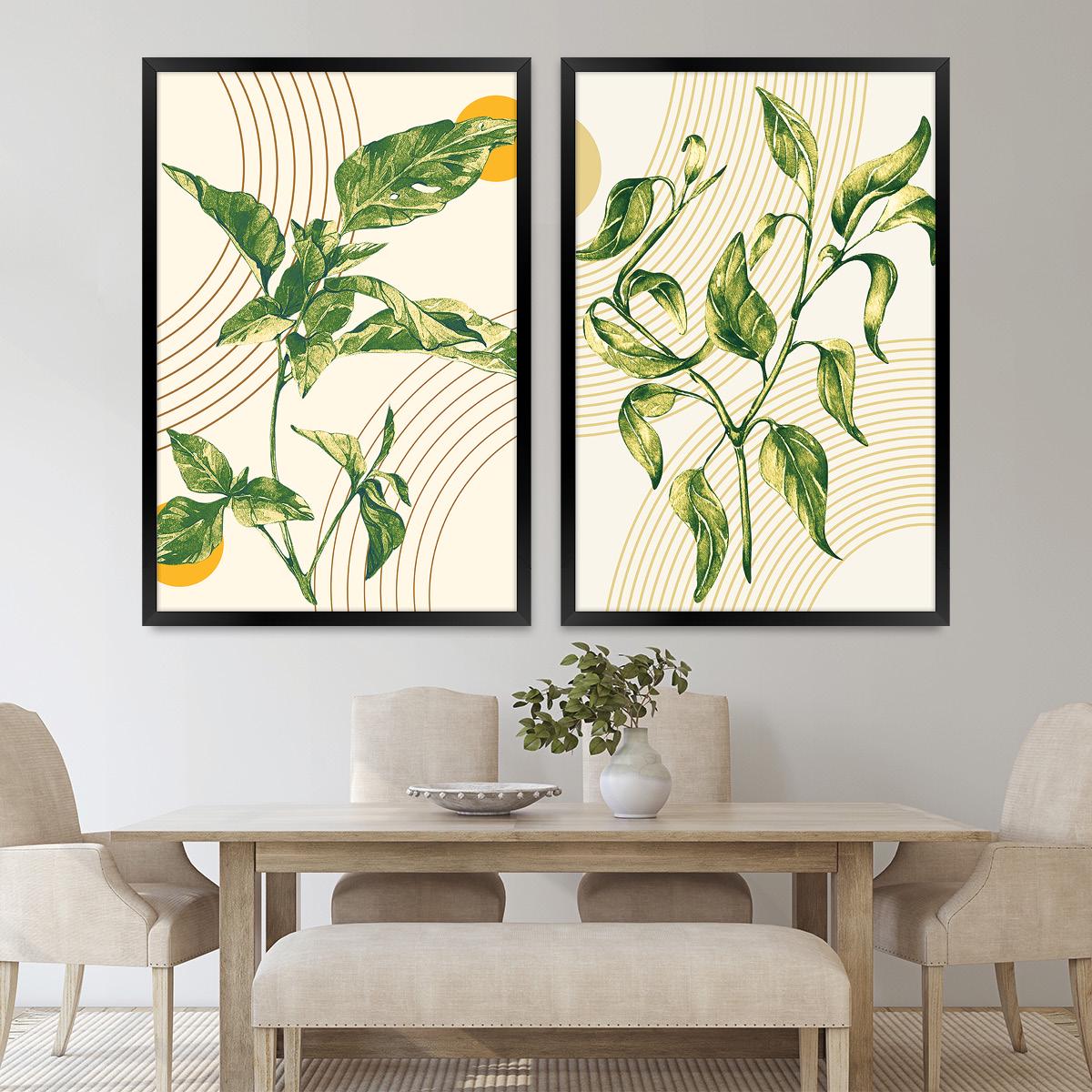 Boho Botanical Illustration Geometric Wall Art, Leaf & Arc Wood Framed Canvas Print Pair