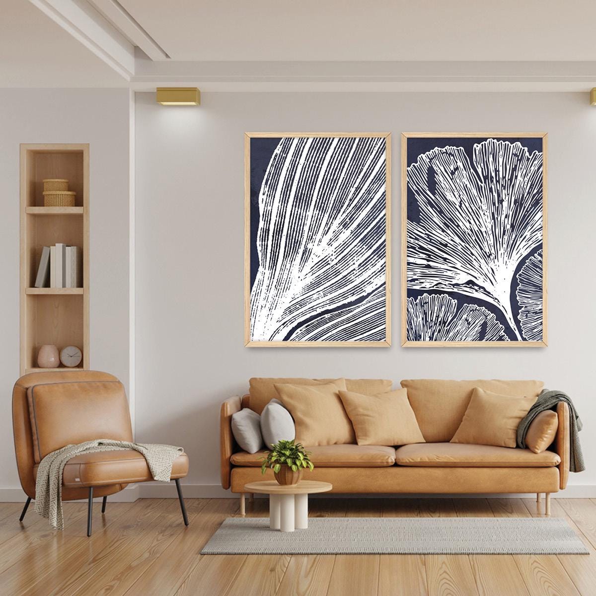 Botanical Leaf Illustration Framed Canvas Print Pair: Blue & White Wall Art
