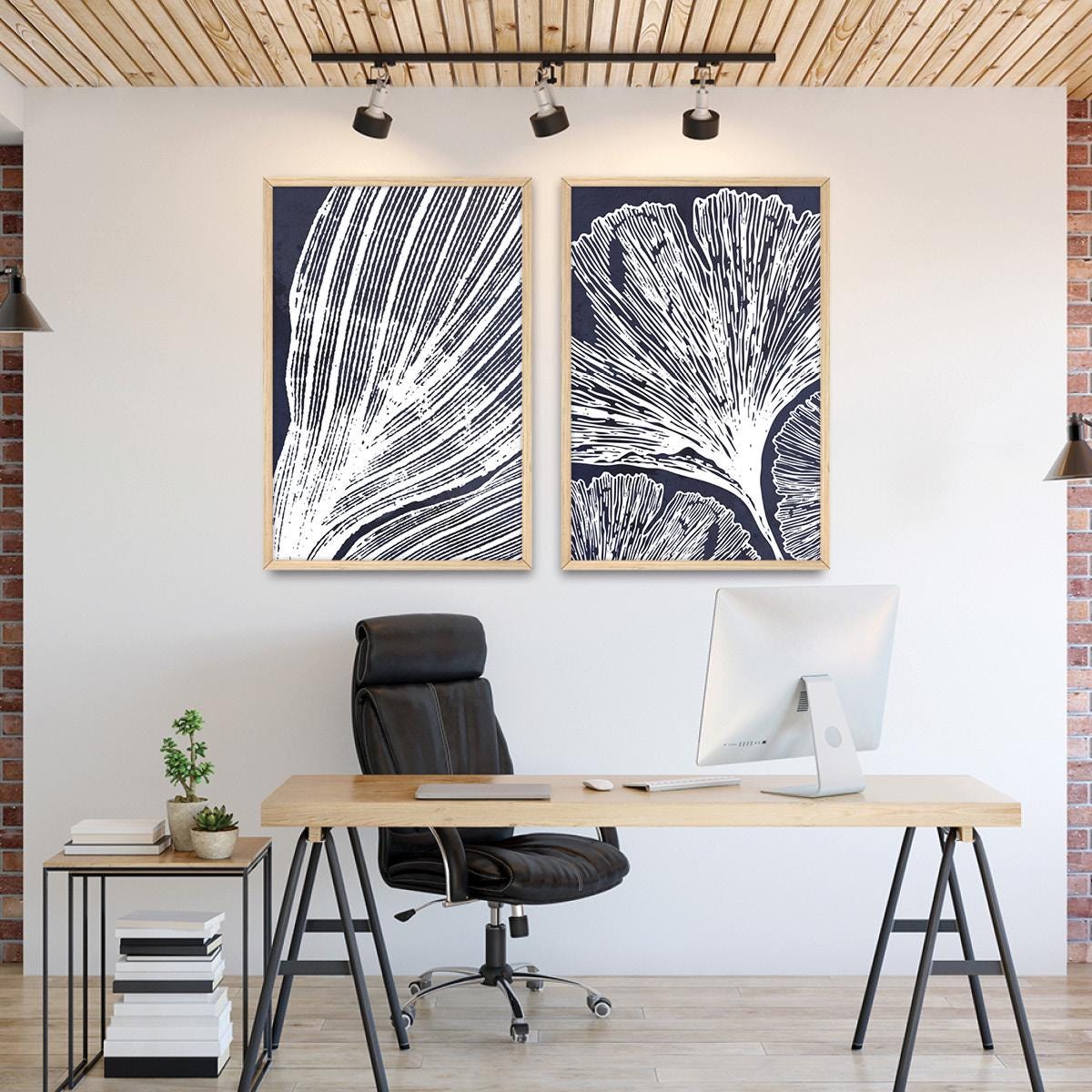 Botanical Leaf Illustration Framed Canvas Print Pair: Blue & White Wall Art
