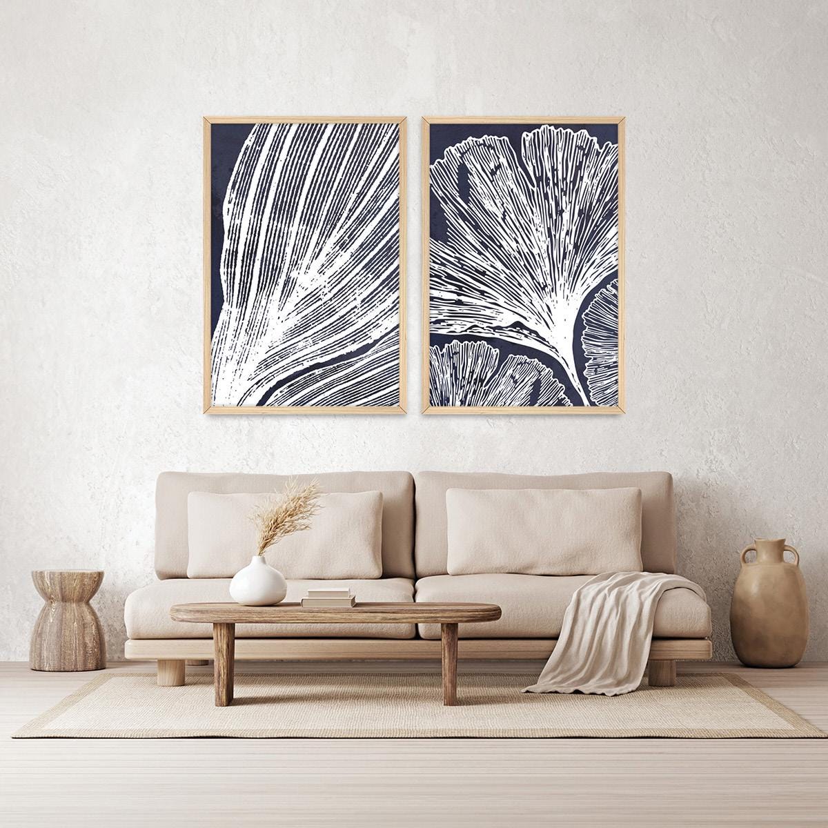 Botanical Leaf Illustration Framed Canvas Print Pair: Blue & White Wall Art