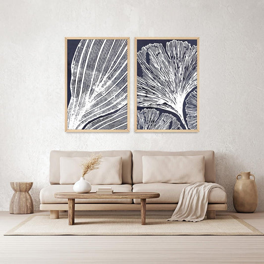 Botanical Leaf Illustration Framed Canvas Print Pair: Blue & White Wall Art