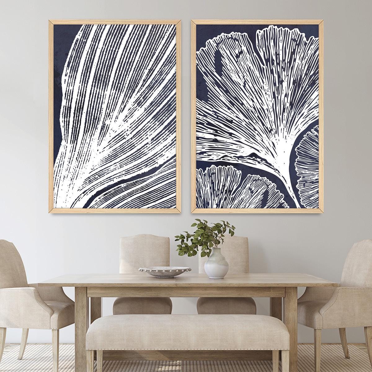 Botanical Leaf Illustration Framed Canvas Print Pair: Blue & White Wall Art