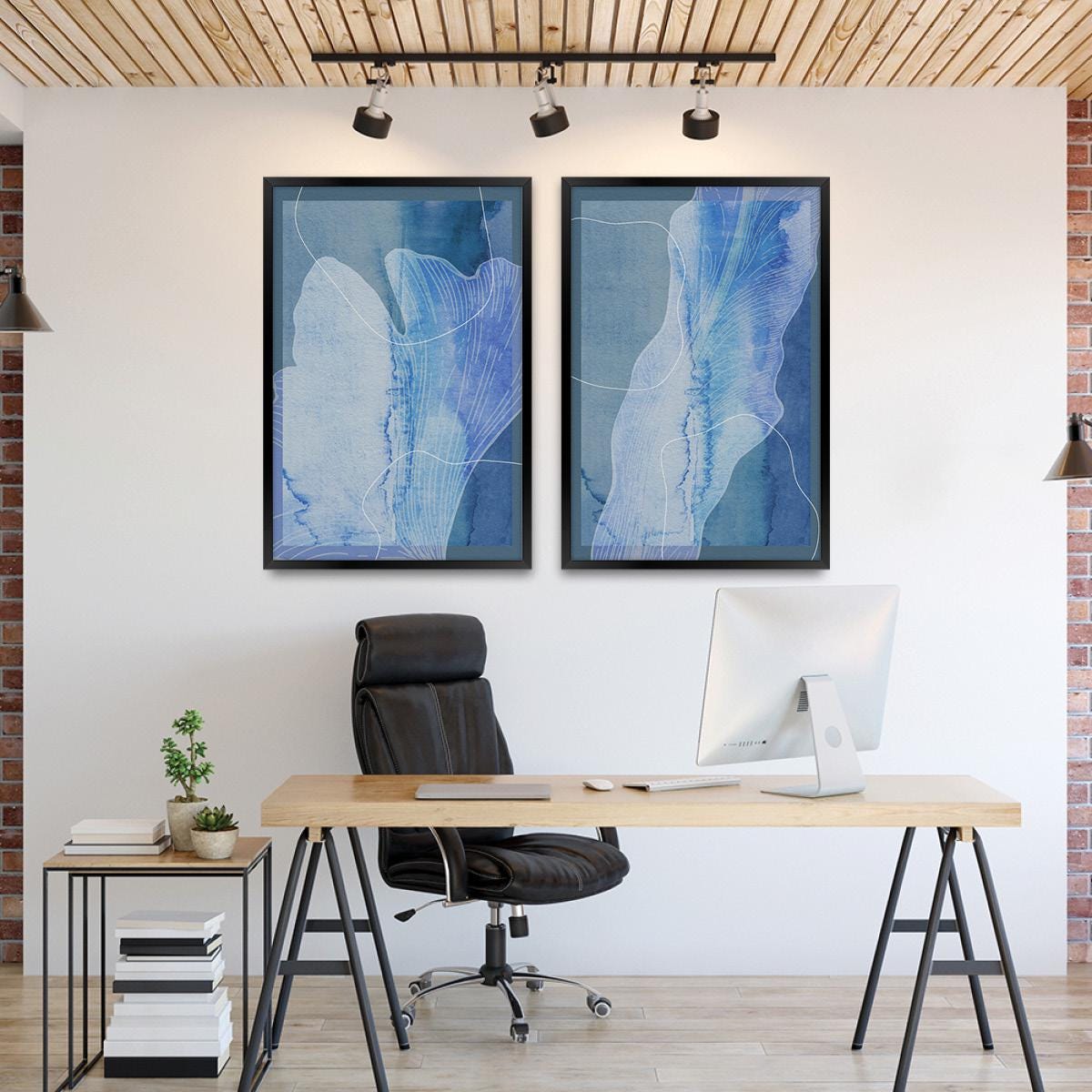 Blue Abstract Leaf Bontanical Wall Art, Wood Framed Canvas Print Pair Home Decor