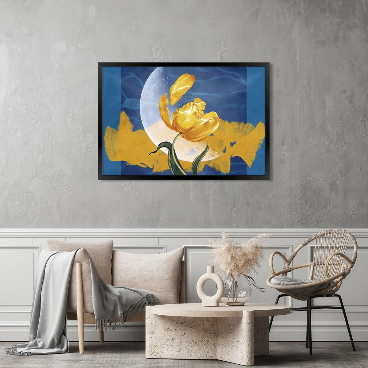 Moon Flower Canvas Print: Celestial Surreal Modern Art, Yellow & Blue Floral Decor