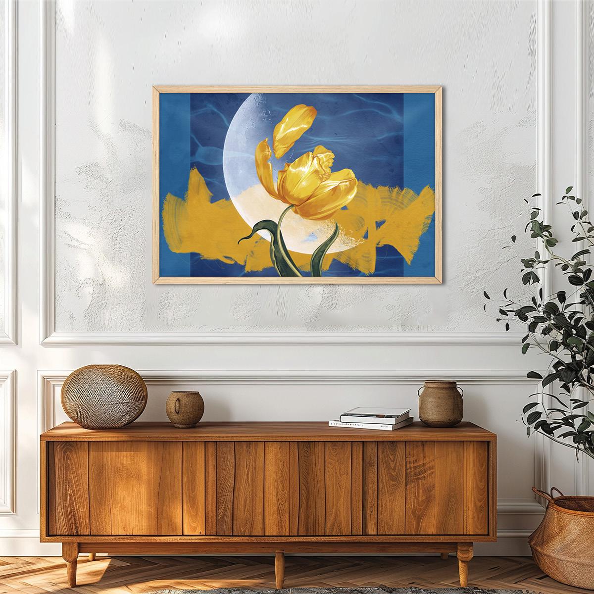 Moon Flower Canvas Print: Celestial Surreal Modern Art, Yellow & Blue Floral Decor