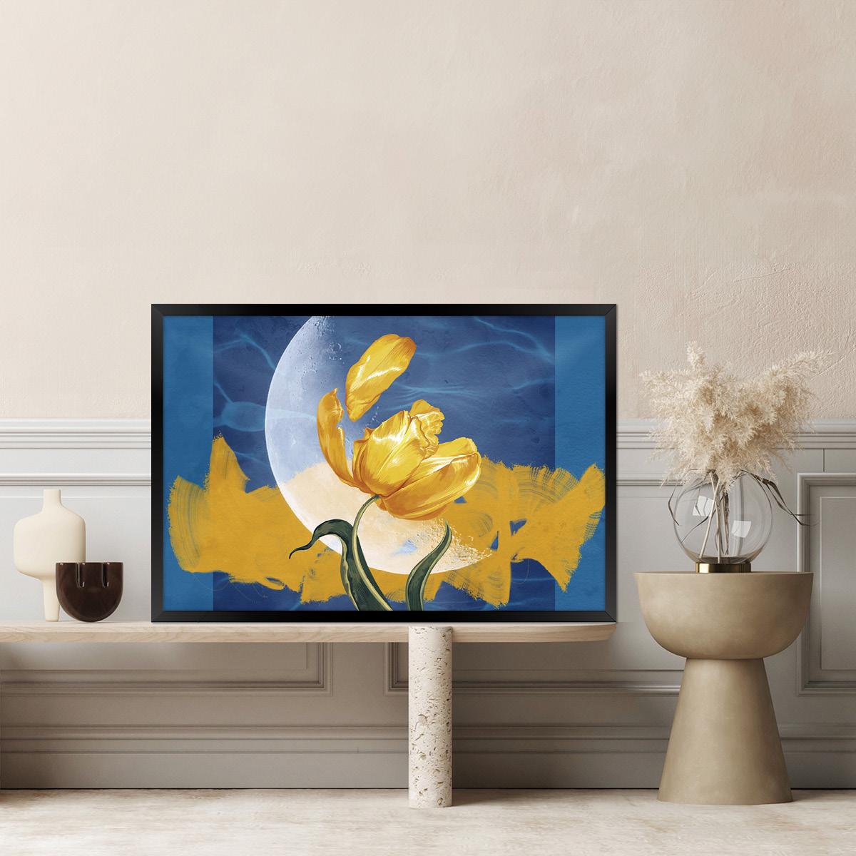 Moon Flower Canvas Print: Celestial Surreal Modern Art, Yellow & Blue Floral Decor