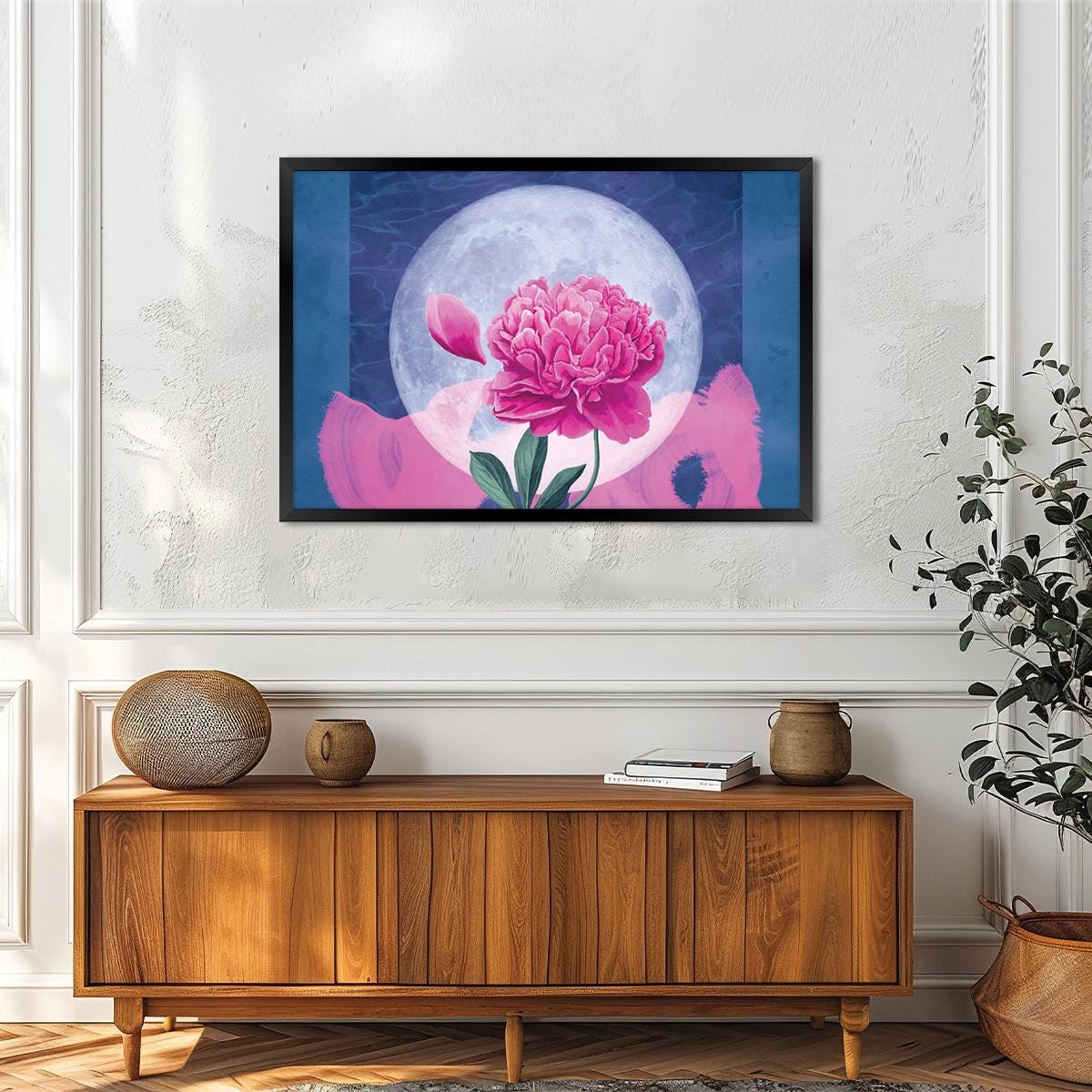 Moon Flower Canvas Print: Surreal Pink Floral Wall Art