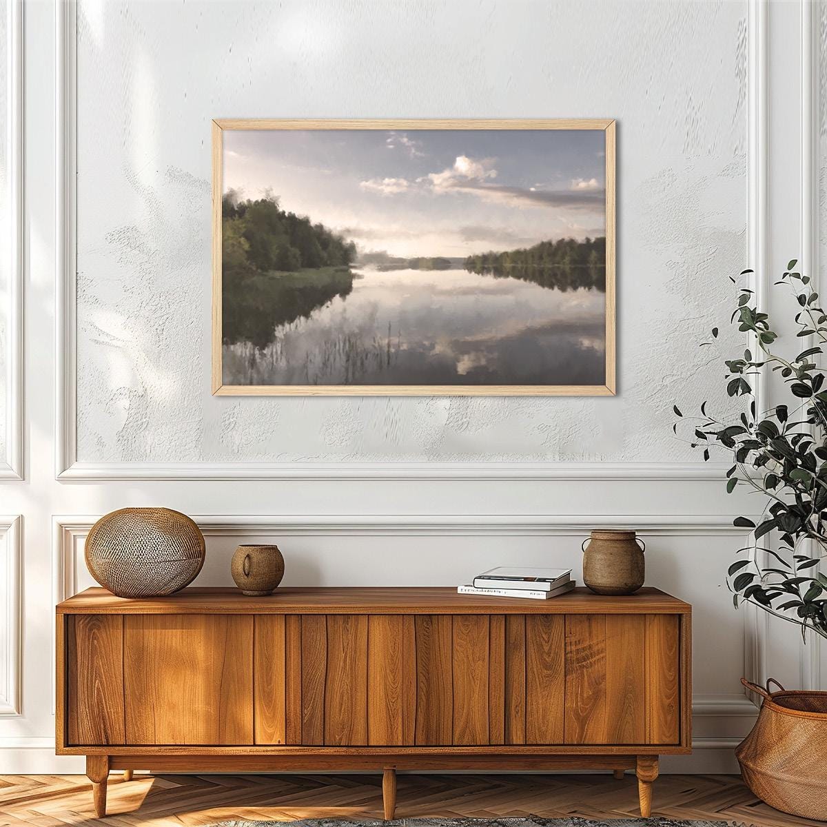 Vintage Lake Landscape Canvas Print: Nature Inspired Neutral Minimalist Wall Art