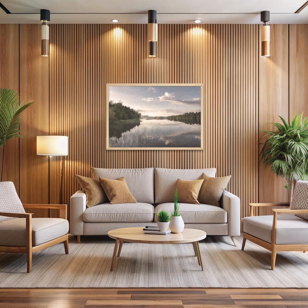 Vintage Lake Landscape Canvas Print: Nature Inspired Neutral Minimalist Wall Art