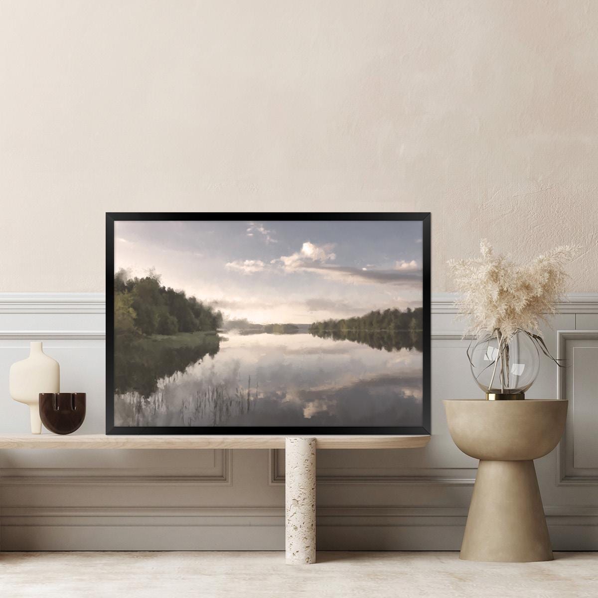 Vintage Lake Landscape Canvas Print: Nature Inspired Neutral Minimalist Wall Art