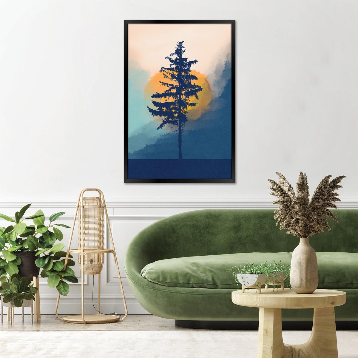 Blue Moon, Mountain, and Tree Silhouette Canvas Print: Abstract Boho Landscape Wall Art