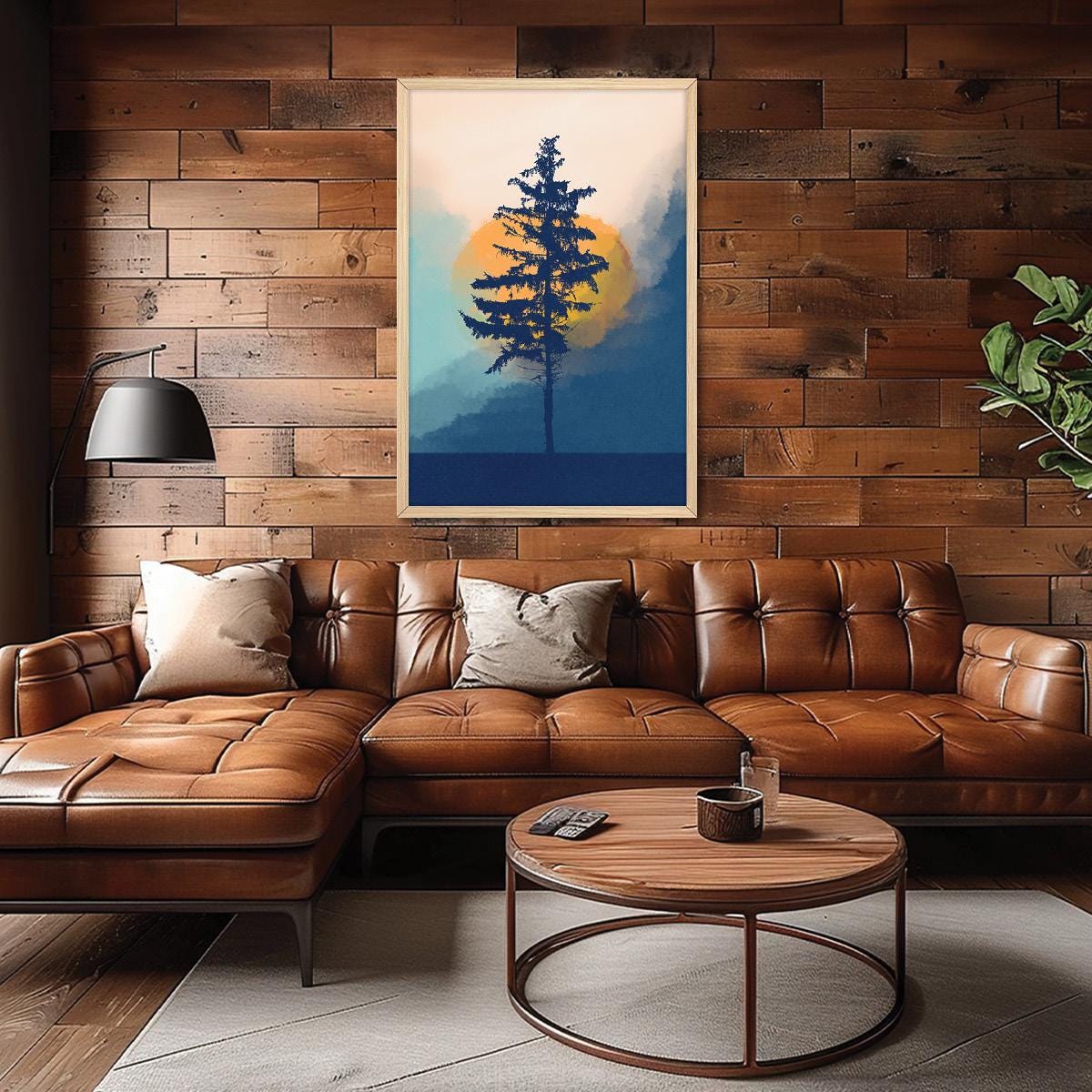 Blue Moon, Mountain, and Tree Silhouette Canvas Print: Abstract Boho Landscape Wall Art