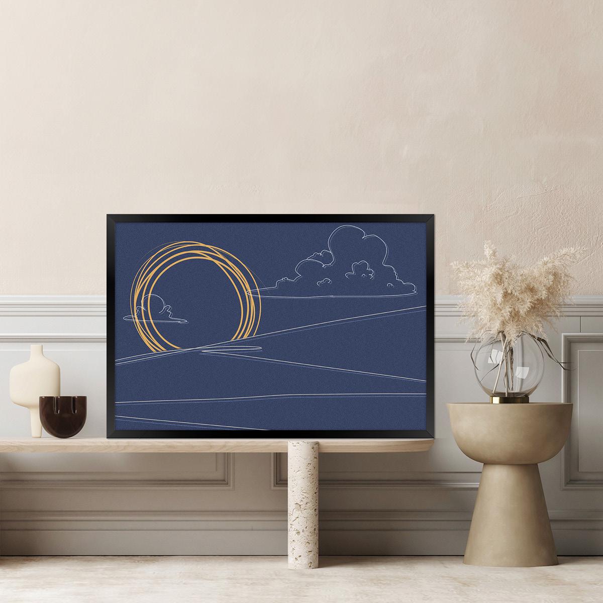 Blue Abstract Sketched Landscape Canvas Boho Print Wall Art