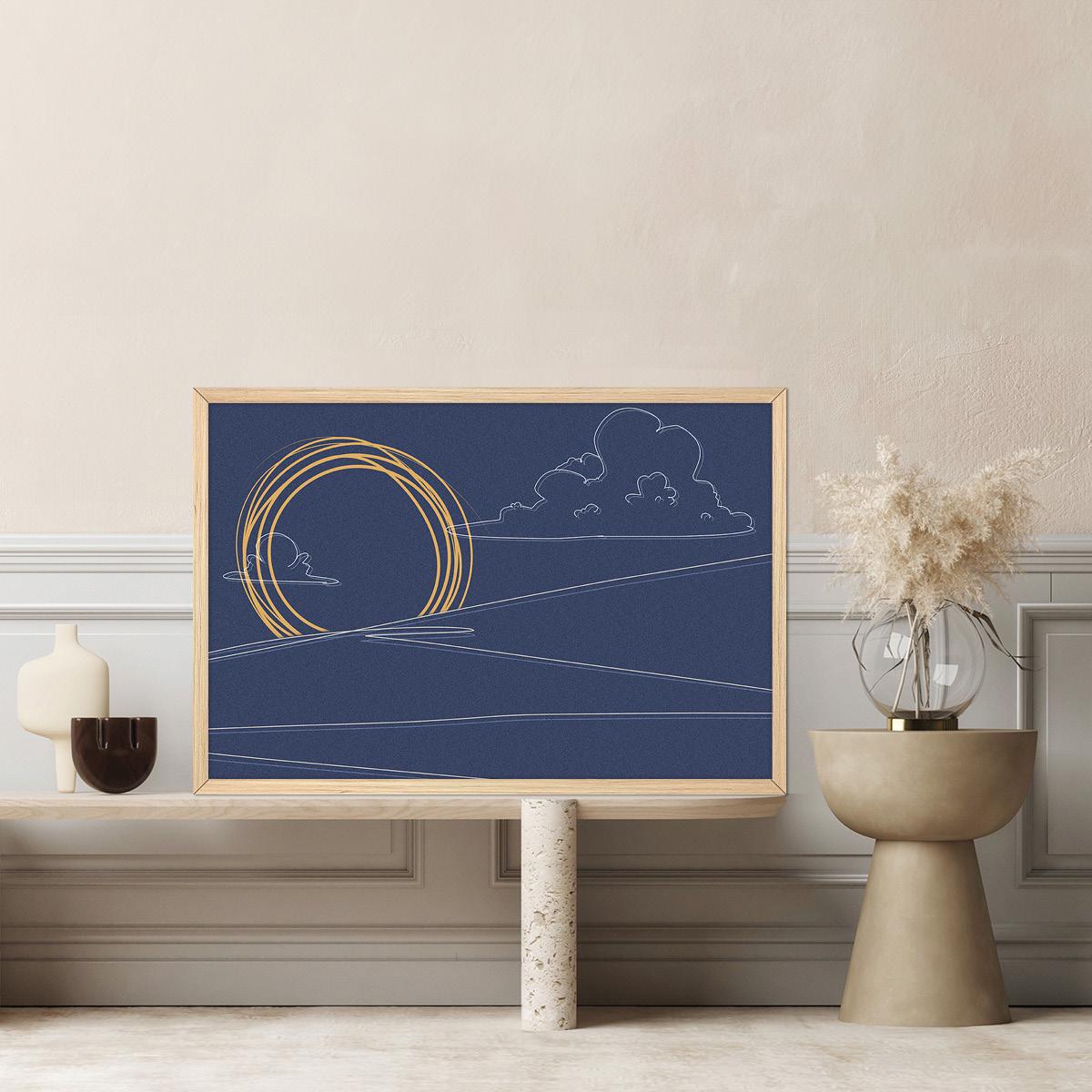 Blue Abstract Sketched Landscape Canvas Boho Print Wall Art