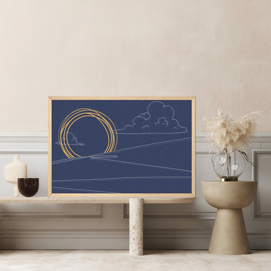 Blue Abstract Sketched Landscape Canvas Boho Print Wall Art