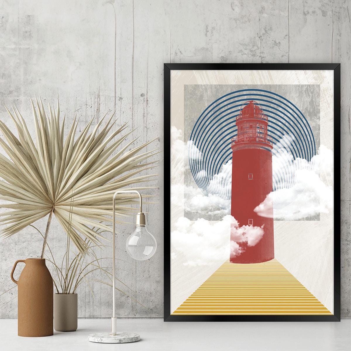 Lighthouse Coastal Geometric Modern Canvas Print Wall Art, Framed Options Available