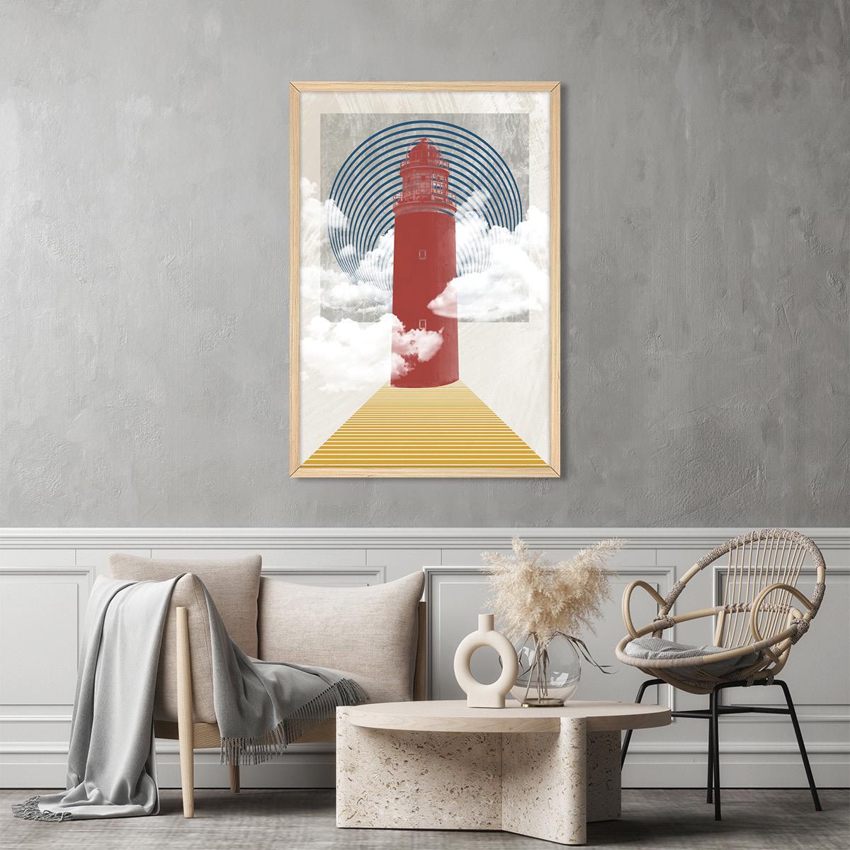 Lighthouse Coastal Geometric Modern Canvas Print Wall Art, Framed Options Available