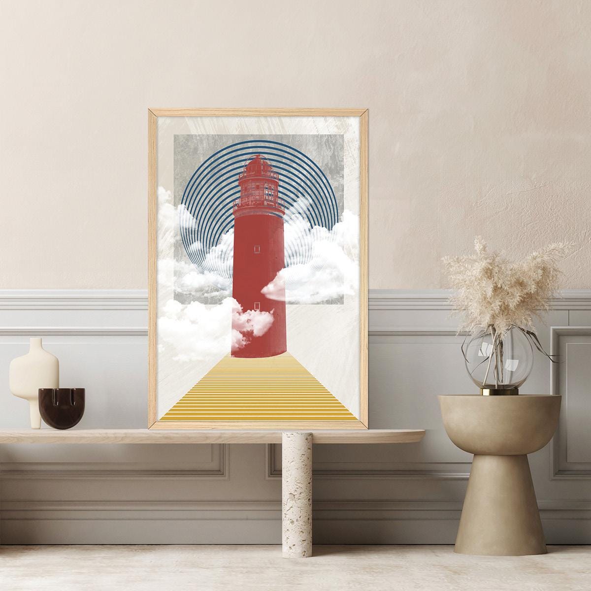 Lighthouse Coastal Geometric Modern Canvas Print Wall Art, Framed Options Available