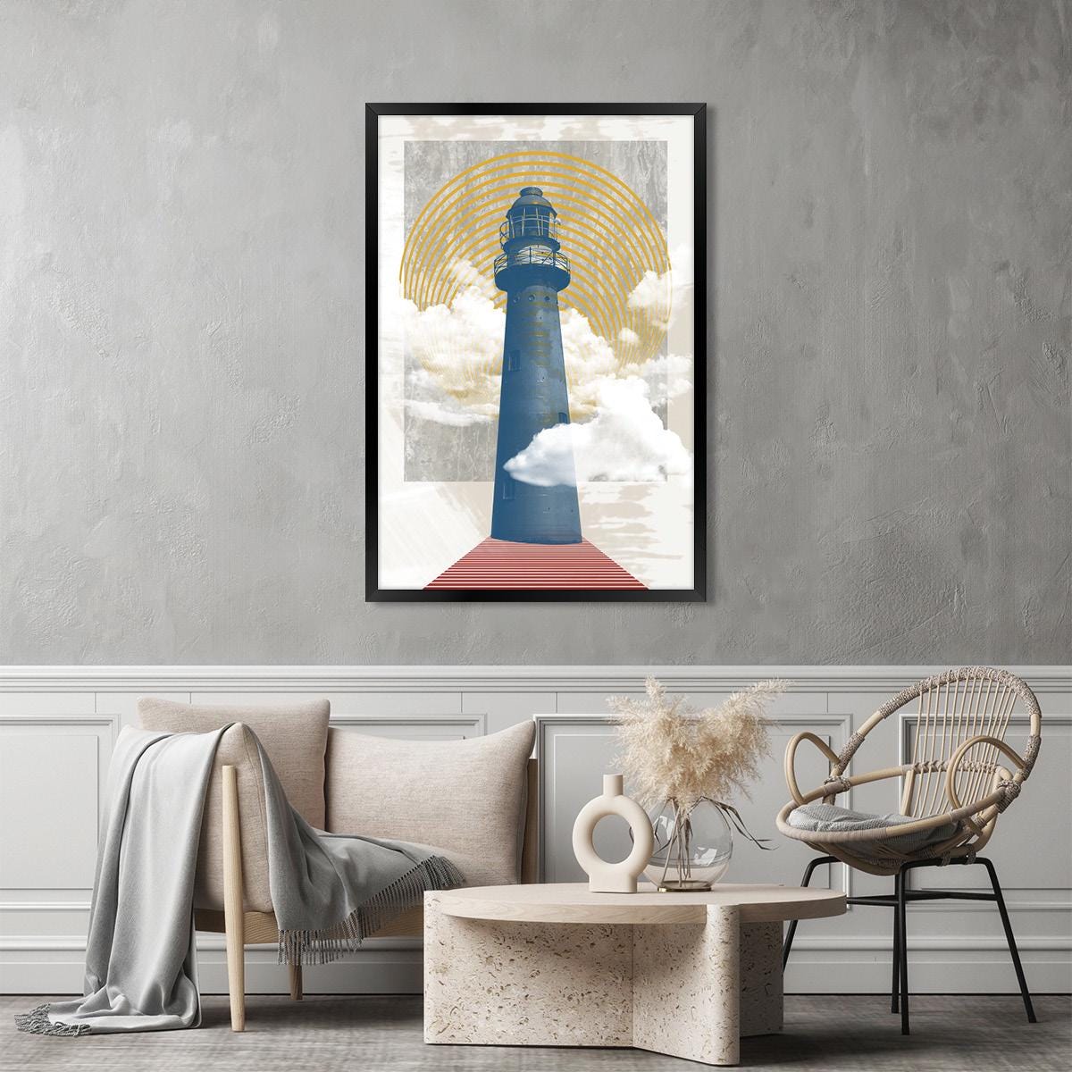 Modern Lighthouse Coastal Geometric Canvas Print Wall Art, Framed Options Available