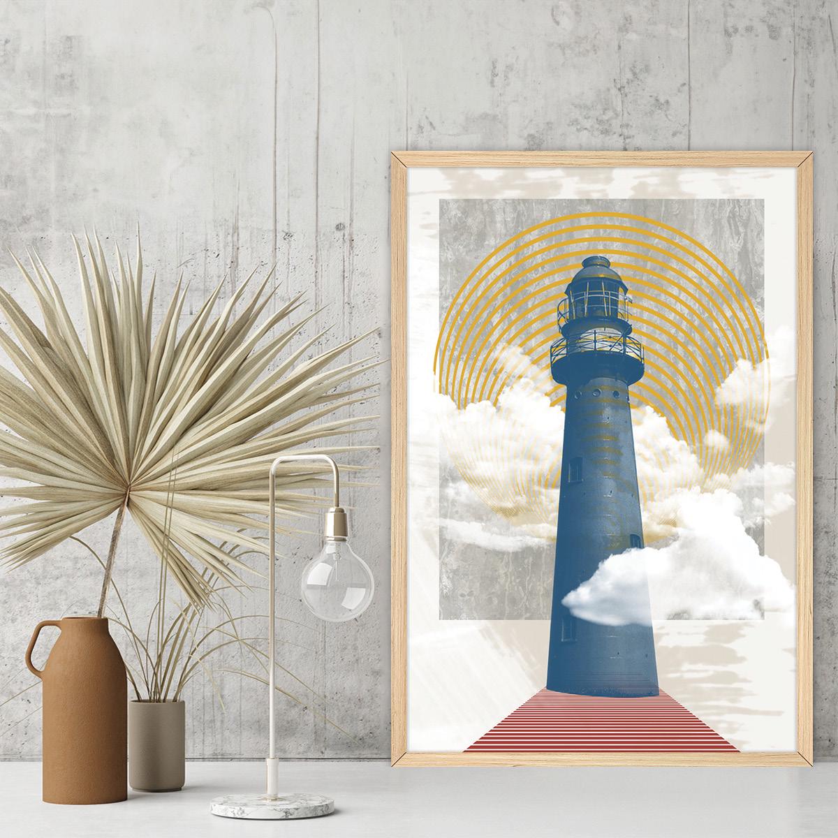 Modern Lighthouse Coastal Geometric Canvas Print Wall Art, Framed Options Available