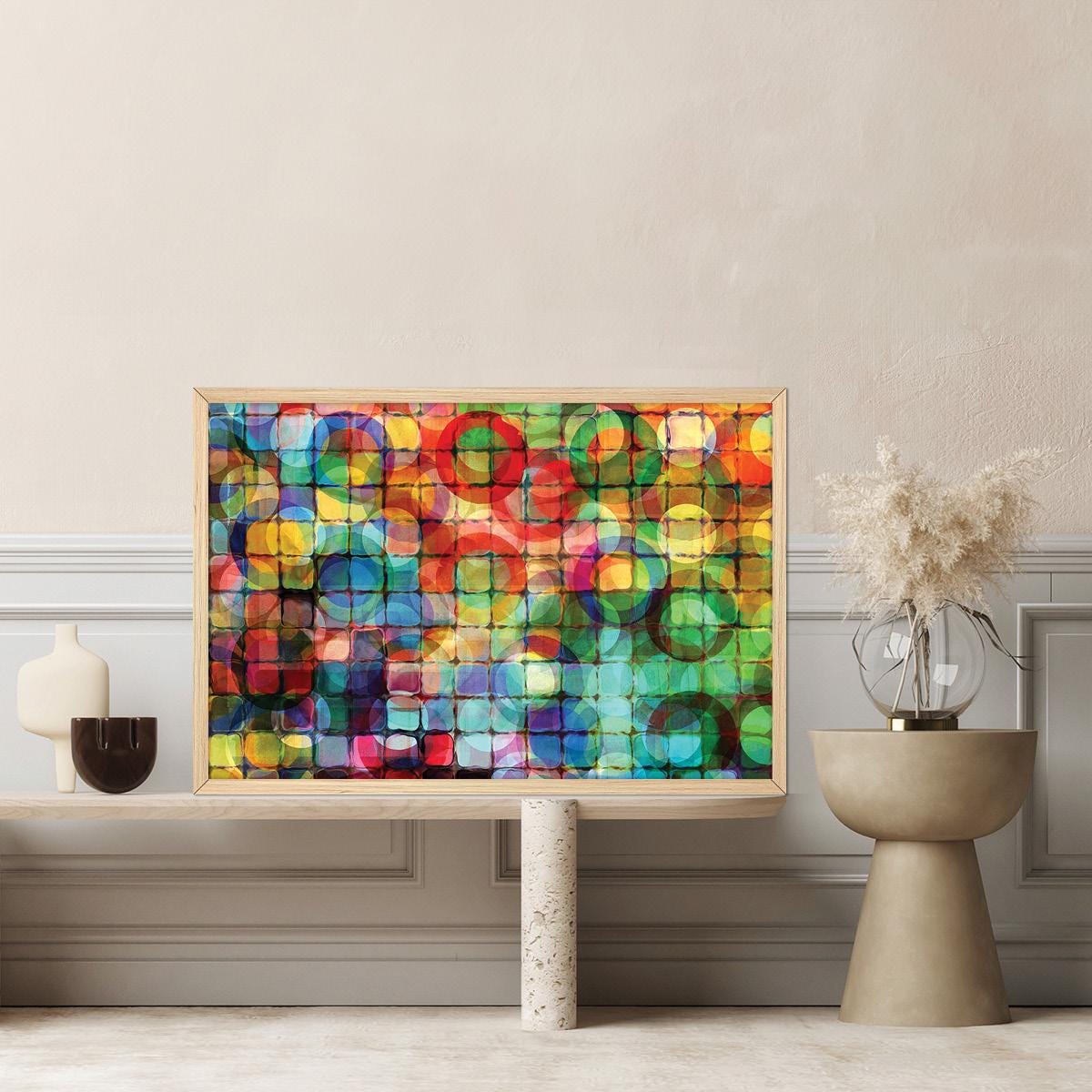 Colorful Cicles & Squares Abstract Canvas Print, Bold Statement Modern Wall Art, Framed Options Available