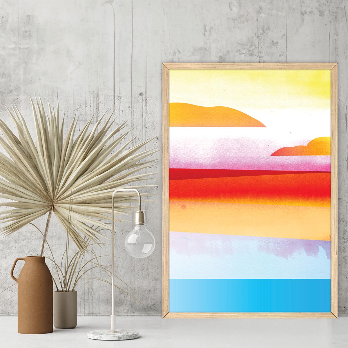 Colorful Coastal Beach Scene Canvas Art Print, Framed Options Available