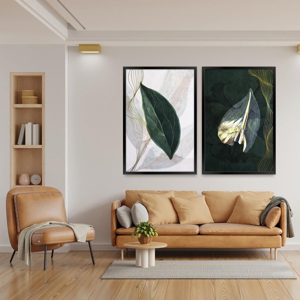 Boho Botanical Illustration Geometric Wall Art, Leaf & Petal Wood Framed Canvas Print Pair