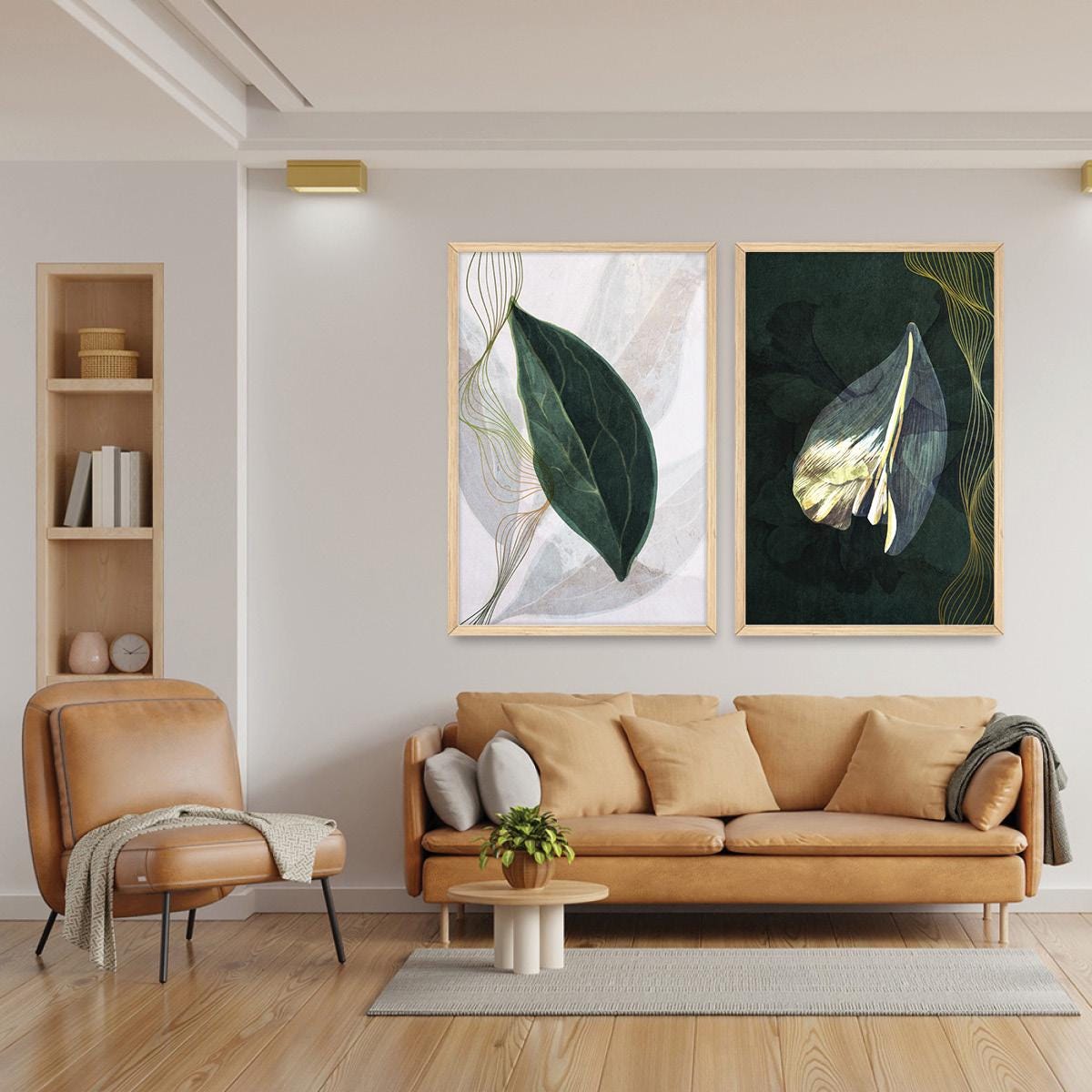 Boho Botanical Illustration Geometric Wall Art, Leaf & Petal Wood Framed Canvas Print Pair