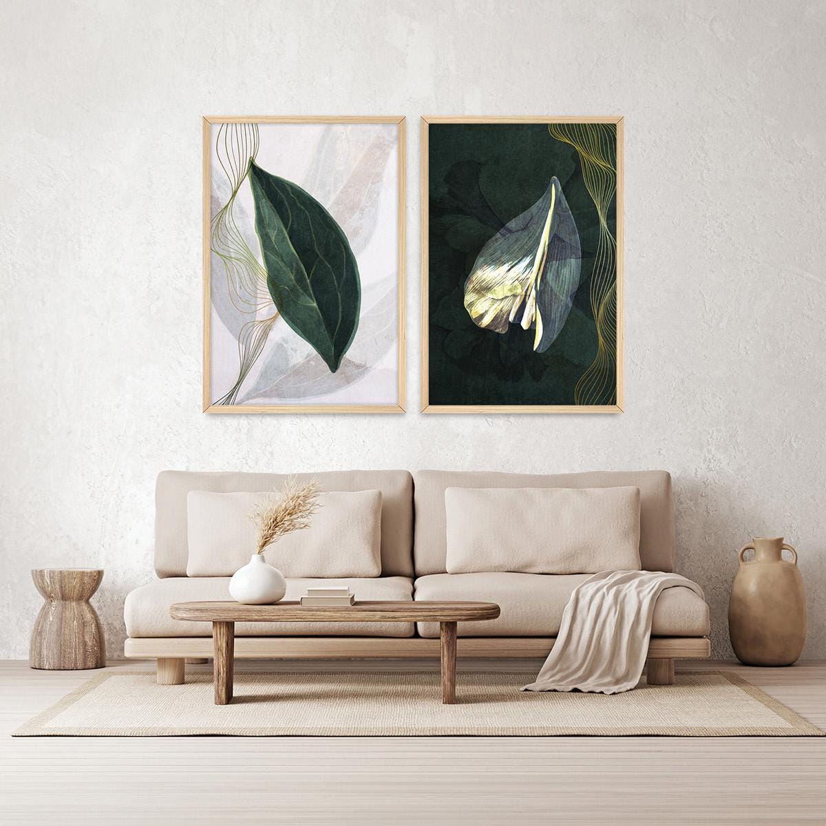 Boho Botanical Illustration Geometric Wall Art, Leaf & Petal Wood Framed Canvas Print Pair