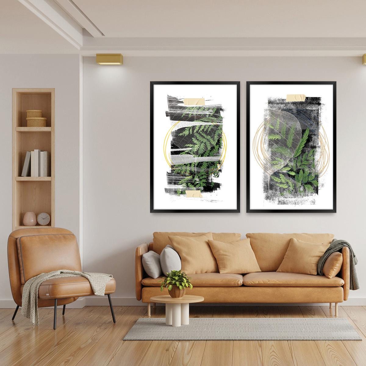 Boho Botanical Wall Art, Fern Leaf Wood Framed Canvas Print Pair