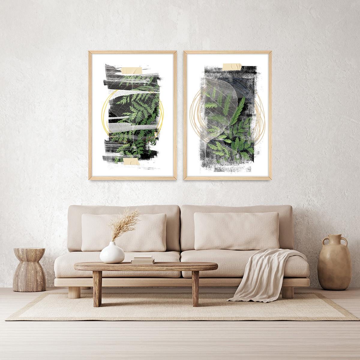 Boho Botanical Wall Art, Fern Leaf Wood Framed Canvas Print Pair