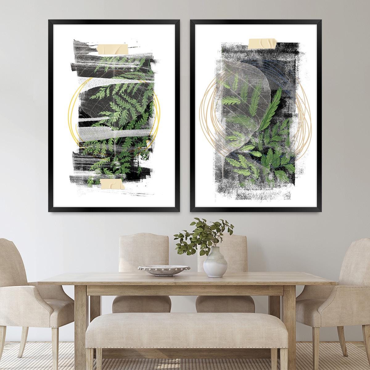 Boho Botanical Wall Art, Fern Leaf Wood Framed Canvas Print Pair