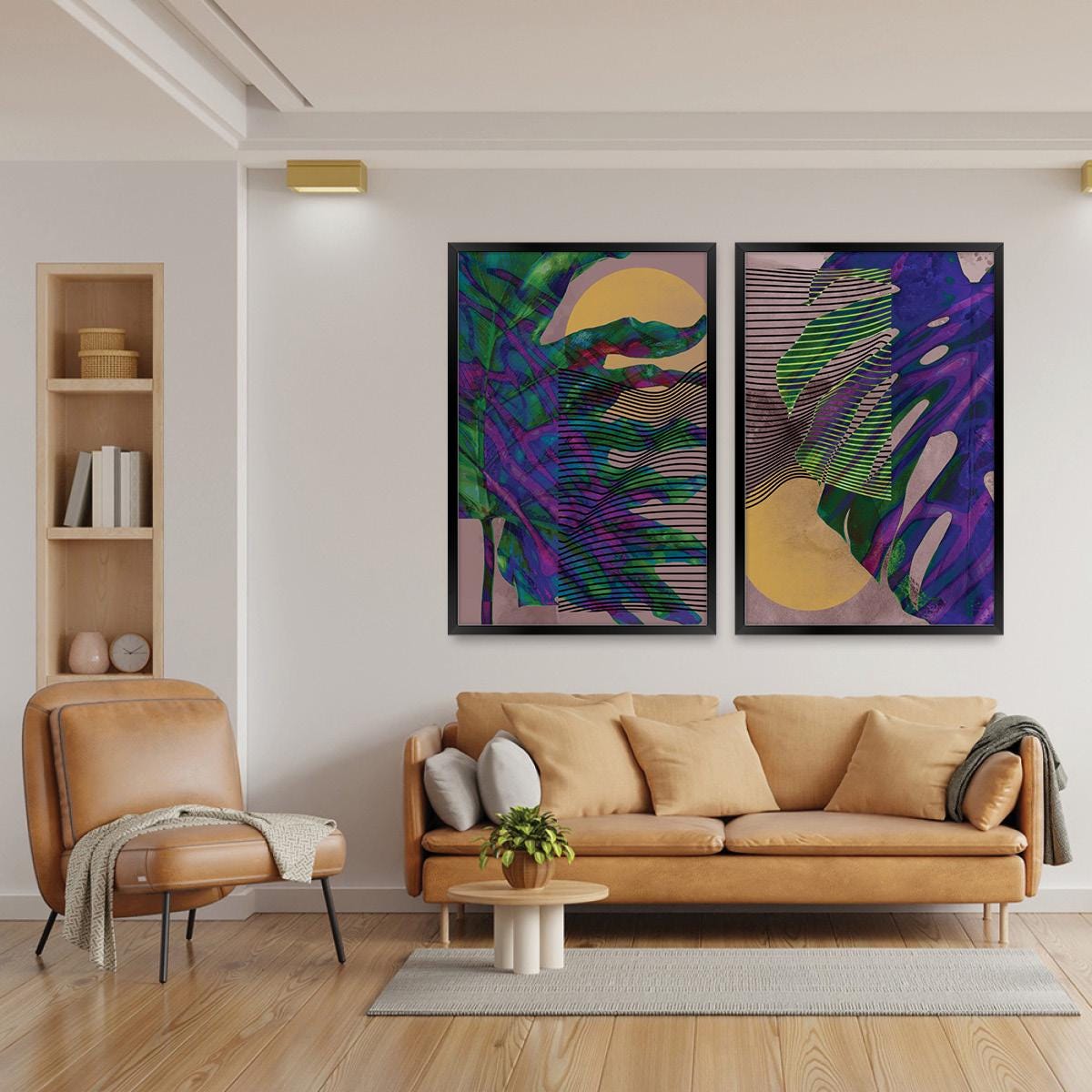 Colorful Palm Leaf Wall Art, Abstract Botanical Wood Framed Canvas Print Pair