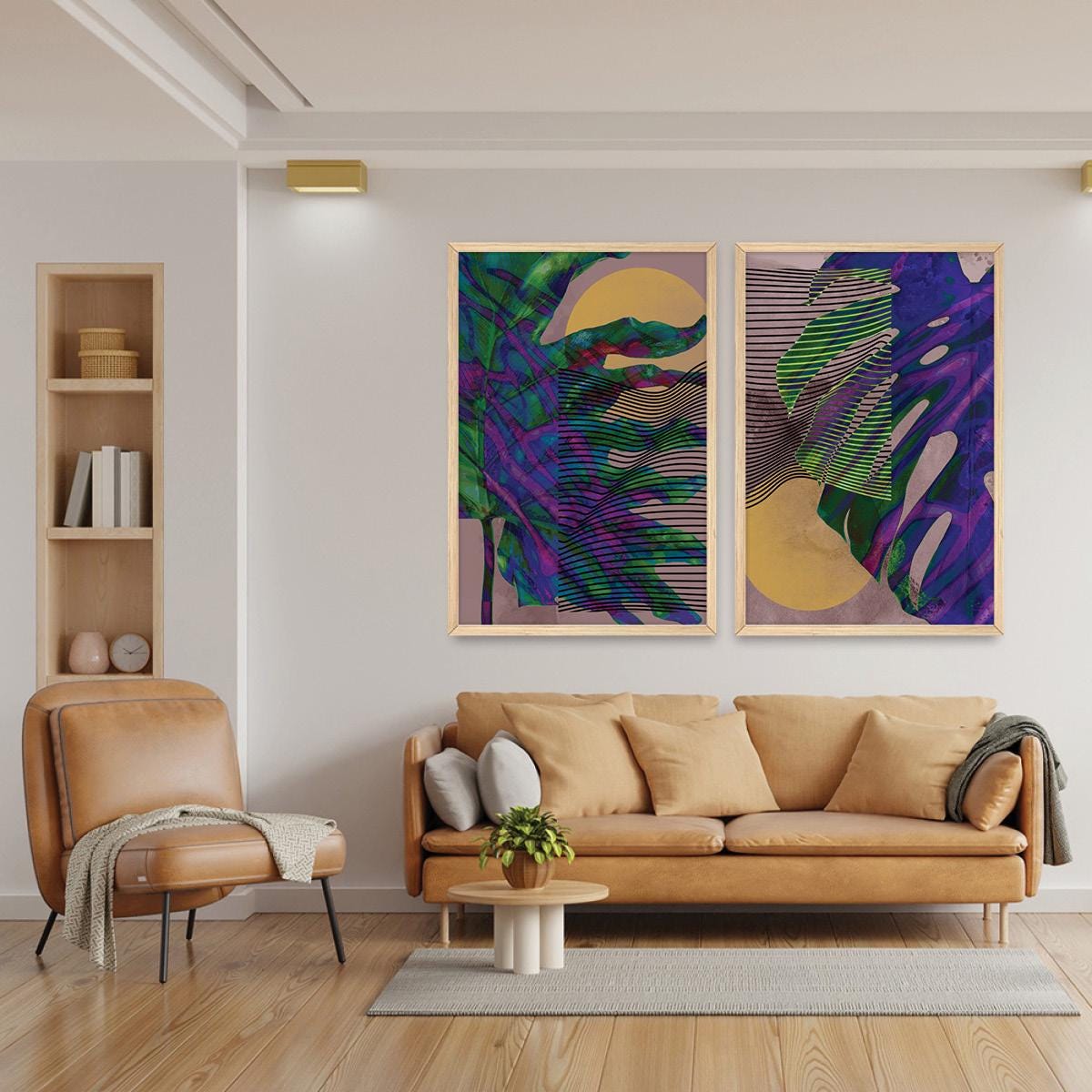 Colorful Palm Leaf Wall Art, Abstract Botanical Wood Framed Canvas Print Pair