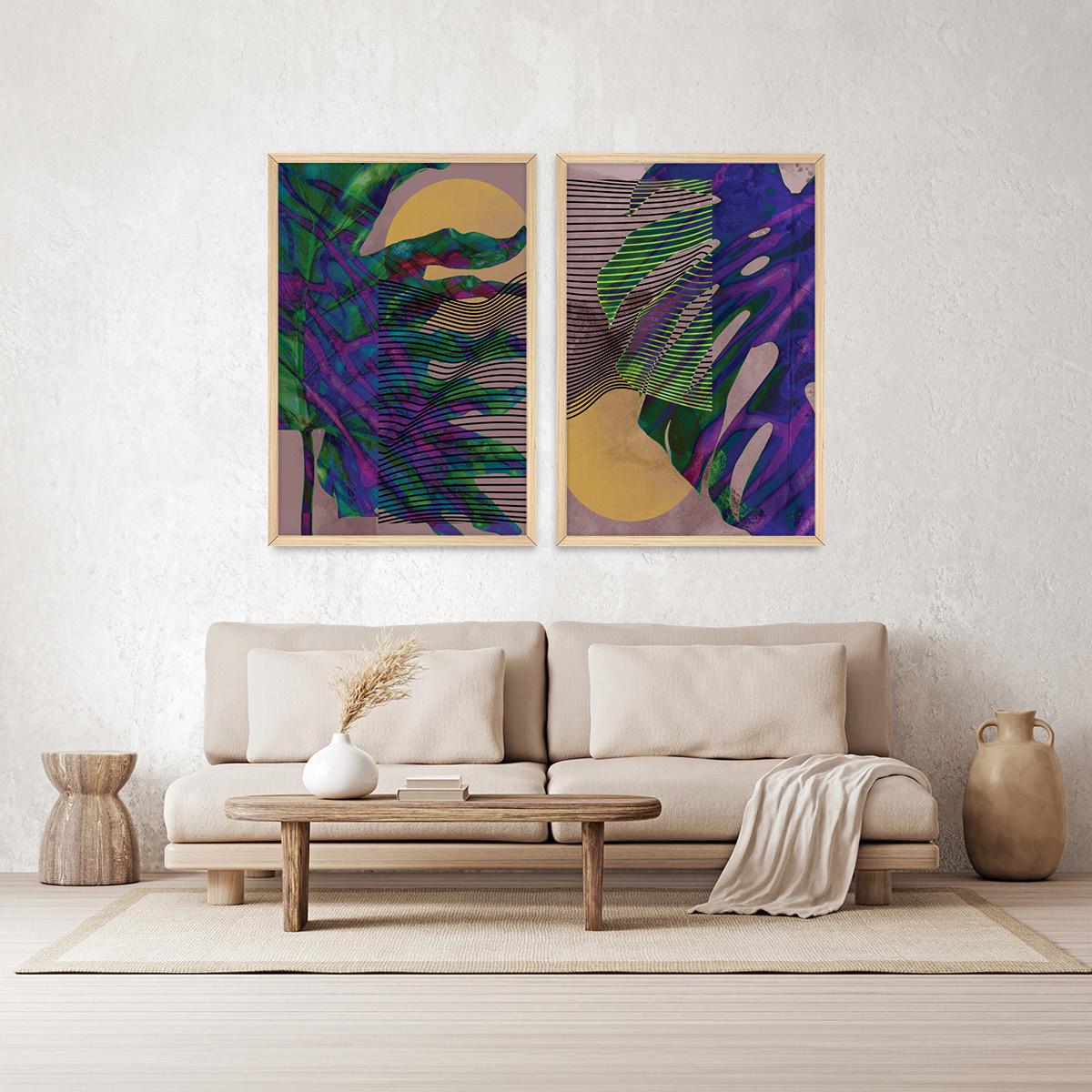Colorful Palm Leaf Wall Art, Abstract Botanical Wood Framed Canvas Print Pair