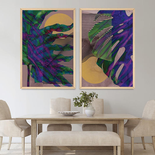 Colorful Palm Leaf Wall Art, Abstract Botanical Wood Framed Canvas Print Pair