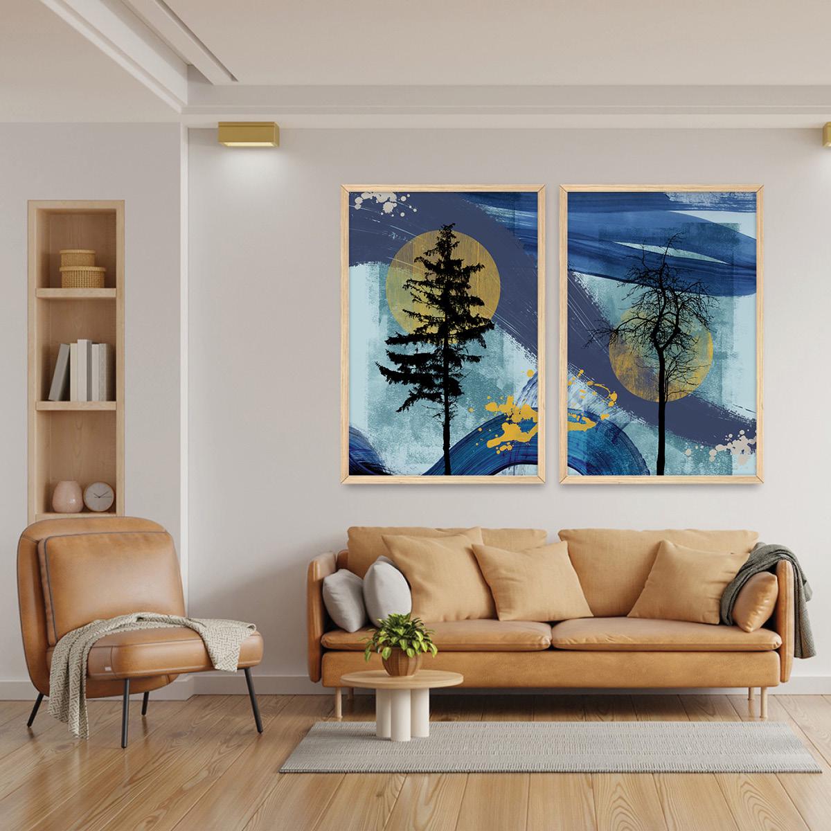 Blue Tree Silhouette Wall Art, Abstract Rustic Wood Framed Canvas Print Pair