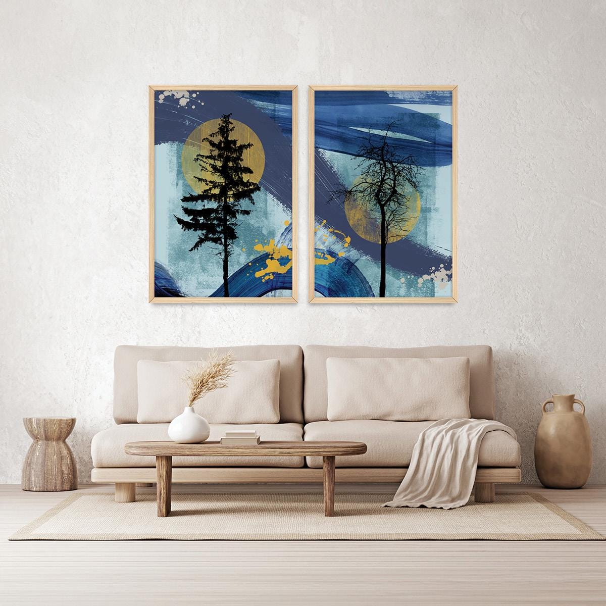 Blue Tree Silhouette Wall Art, Abstract Rustic Wood Framed Canvas Print Pair