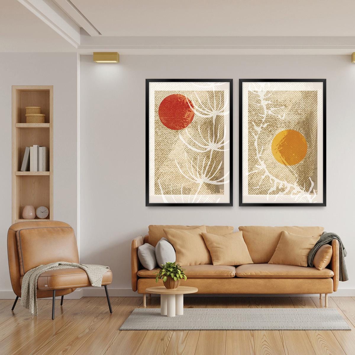 Abstract Seaweed Canvas Print Pair, Earth Tone Botanical, Wood Frame
