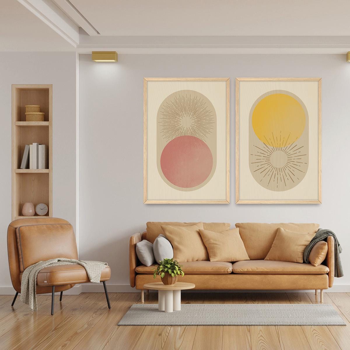 Boho Sun Rays Framed Canvas Print Pair, Celestial Geometric Wall Art