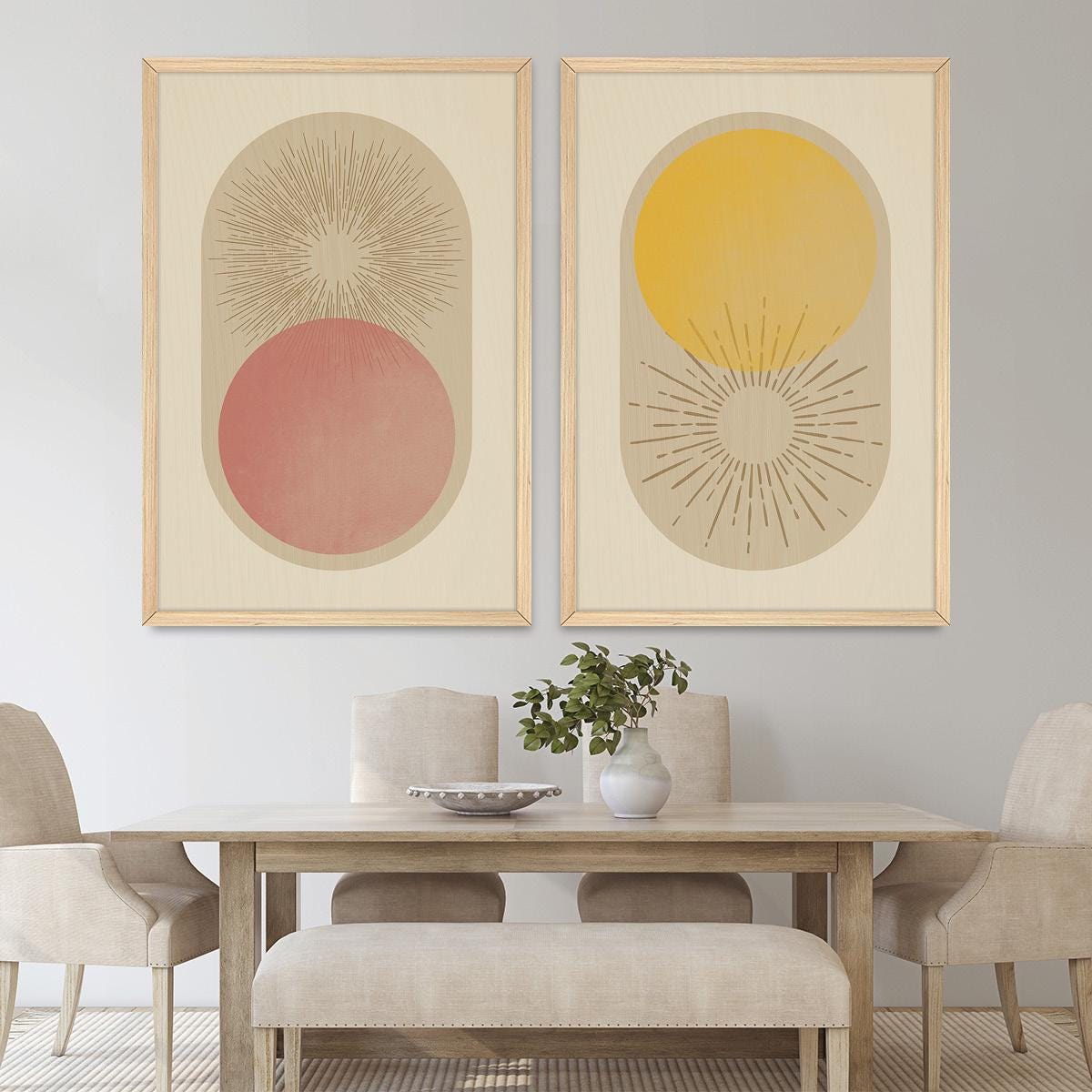 Boho Sun Rays Framed Canvas Print Pair, Celestial Geometric Wall Art