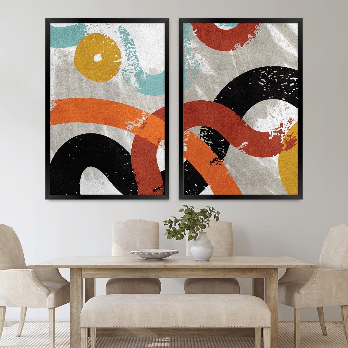 Abstract Curves Textural Wall Art, Colorful Minimalist Wood Framed Canvas Print Set Pair