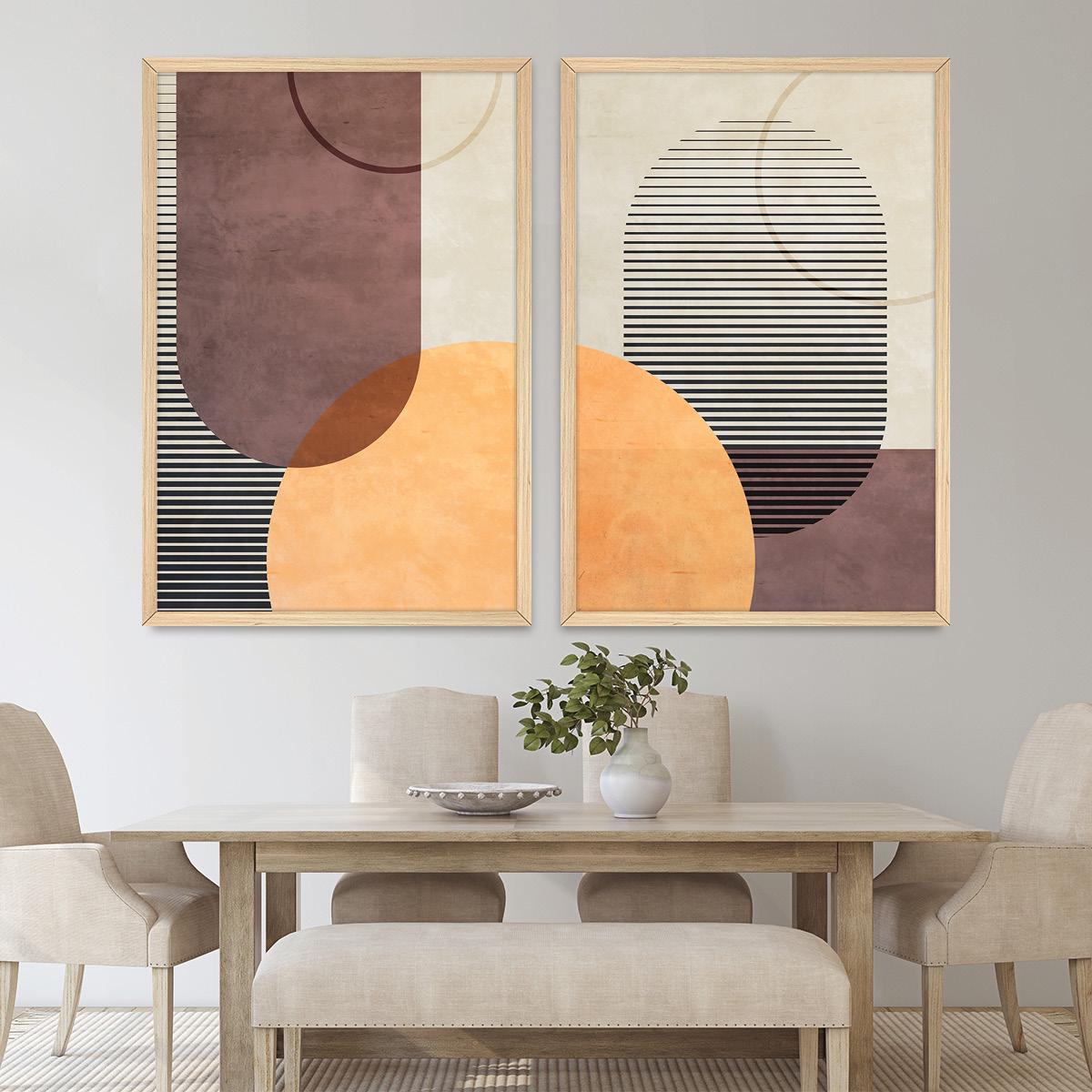 Boho Geometric Wall Art, Colorful Minimalist Wood Framed Canvas Print Set Pair